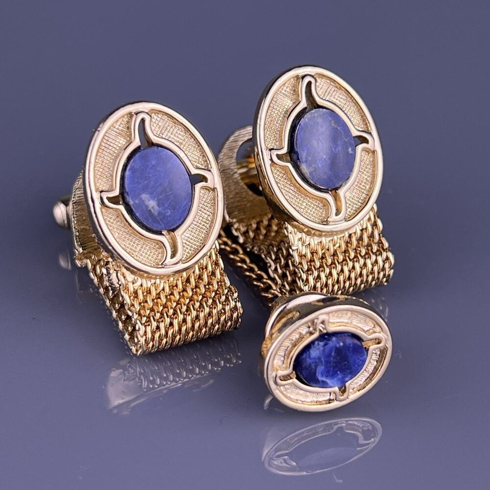 Blue Sodalite Gold Plated Wrap Around Cufflinks Tie Pin Florentine Finish VTG